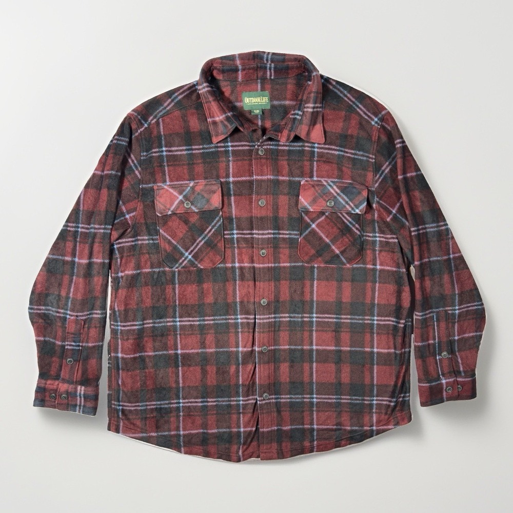 Outdoor Life Fleece Shirt Mens XL Burgundy Plaid Button Up Long Sleeve NWT